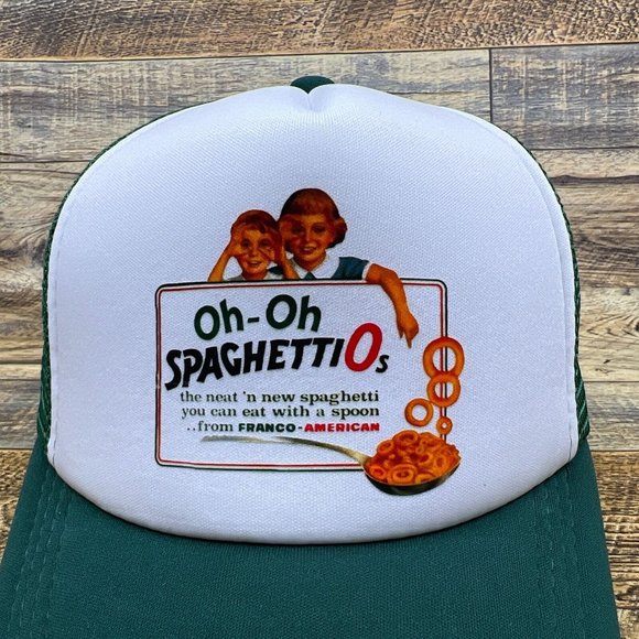 Spaghetti-O Mens Trucker Hat Green Snapback 60s Logo Vintage Food Drink Cap - Picture 3 of 8